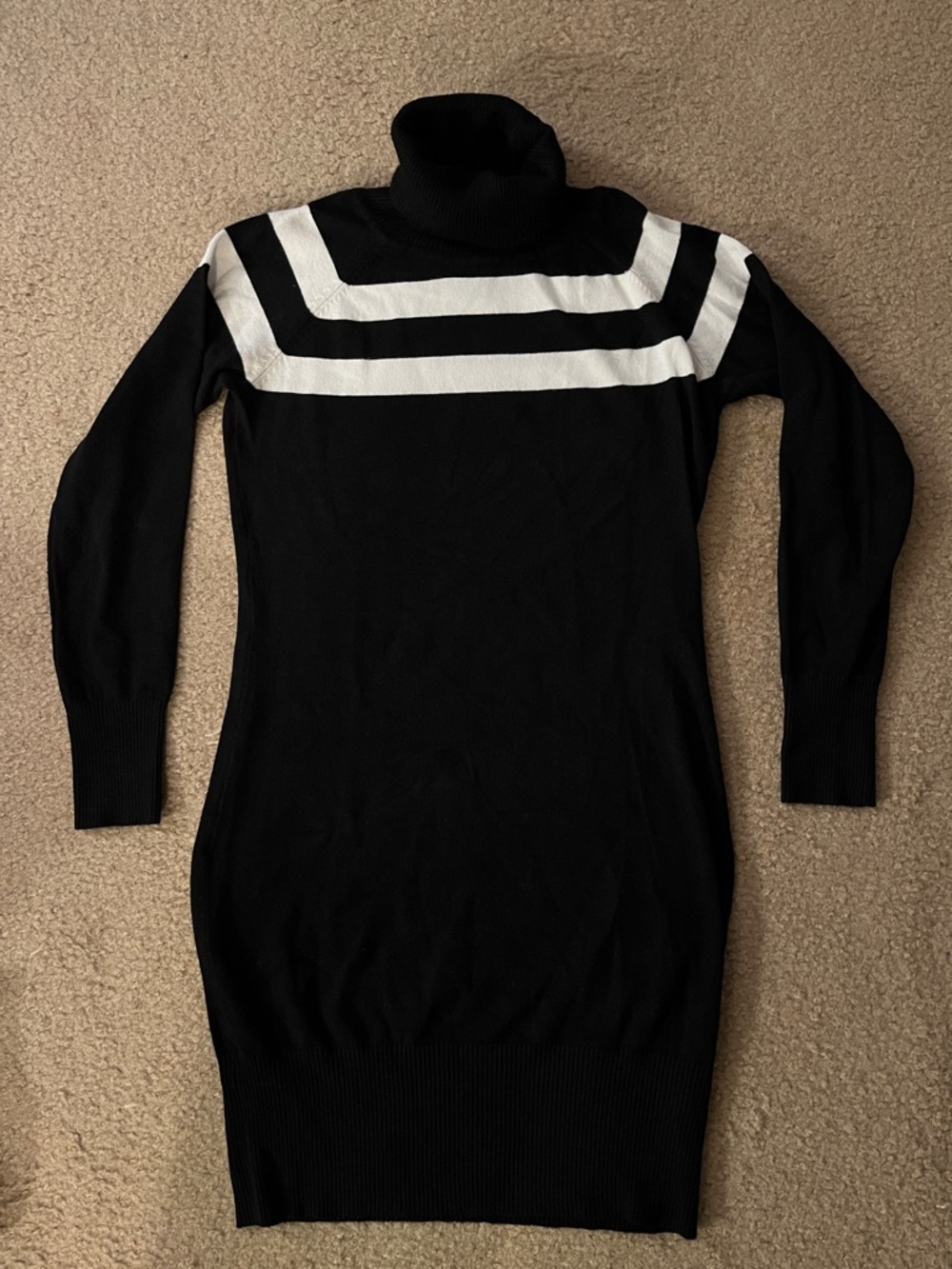 Say What? Black and White Striped Turtleneck Sweater Dress
